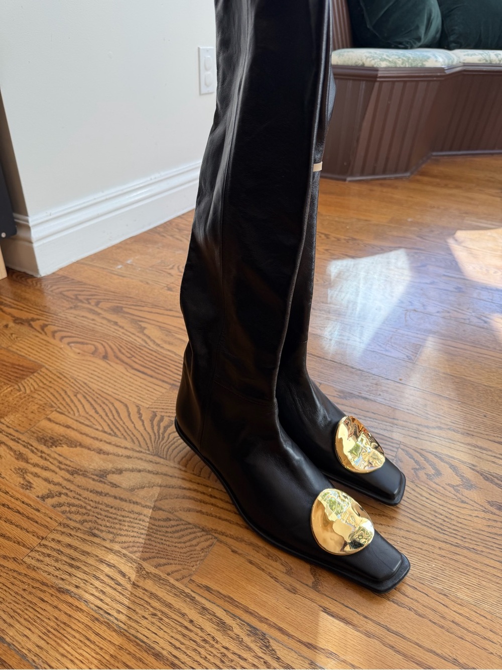 Jil Sander Black Leather Knee-High Boots with Gold Medallion